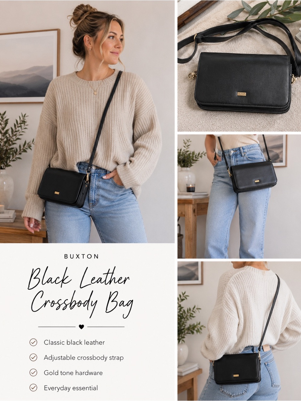 Buxton Black Leather Crossbody Bag
